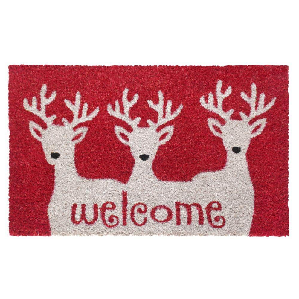 Welcome Reindeer White 18 in. x 30 in. Coir Non-Slip Outdoor Door Mat