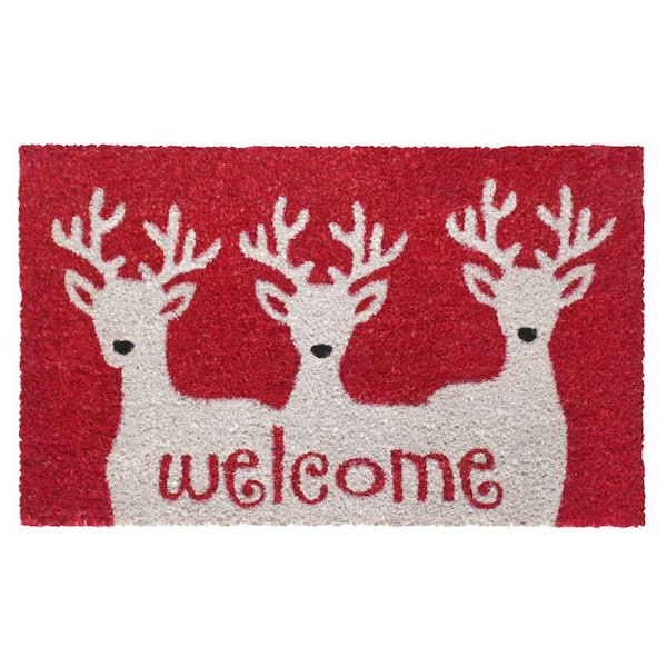Unbranded Welcome Reindeer White 18 in. x 30 in. Coir Non-Slip Outdoor Door Mat