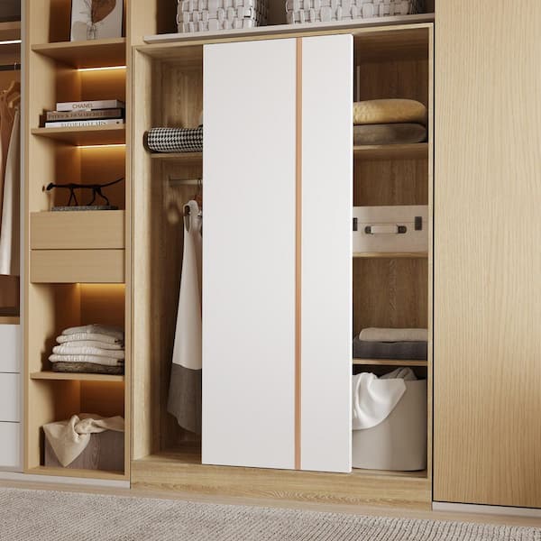 Modern Oak Wood 47.2 in. W Armoire Wardrobe with 2 White Sliding Doors, Hanging Rod, Top Shelf and Sectional Storage