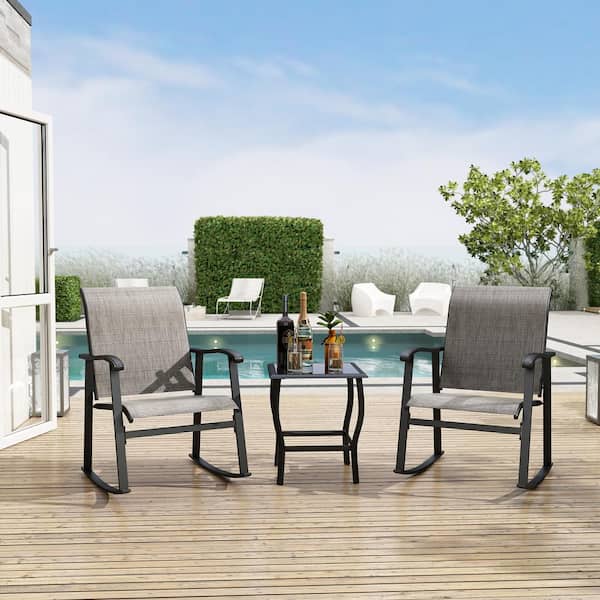 FUFU&GAGA 3-Piece Metal Frame Textilene Patio Conversation Chair Set in Gray with Glass Table, For Outdoor, Pool, Garden