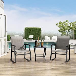 3-Piece Metal Frame Textilene Patio Conversation Chair Set in Gray with Glass Table, For Outdoor, Pool, Garden
