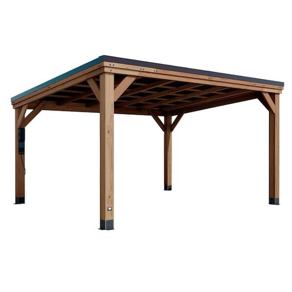 Arcadia 12 ft. x 14 ft. Light Brown Cedar Wood Outdoor Patio Gazebo with Hardtop Galvanized Steel Slope Roof, PowerPort