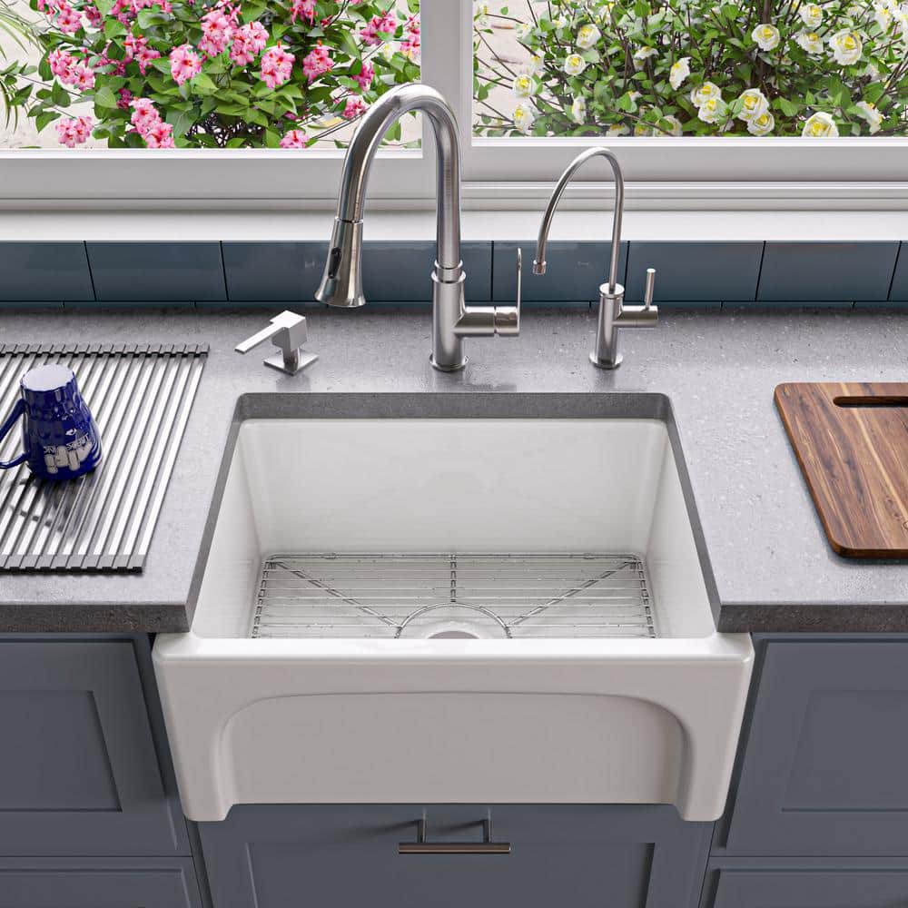 24'' White Fireclay Farmhouse Apron Single Bowl Sink