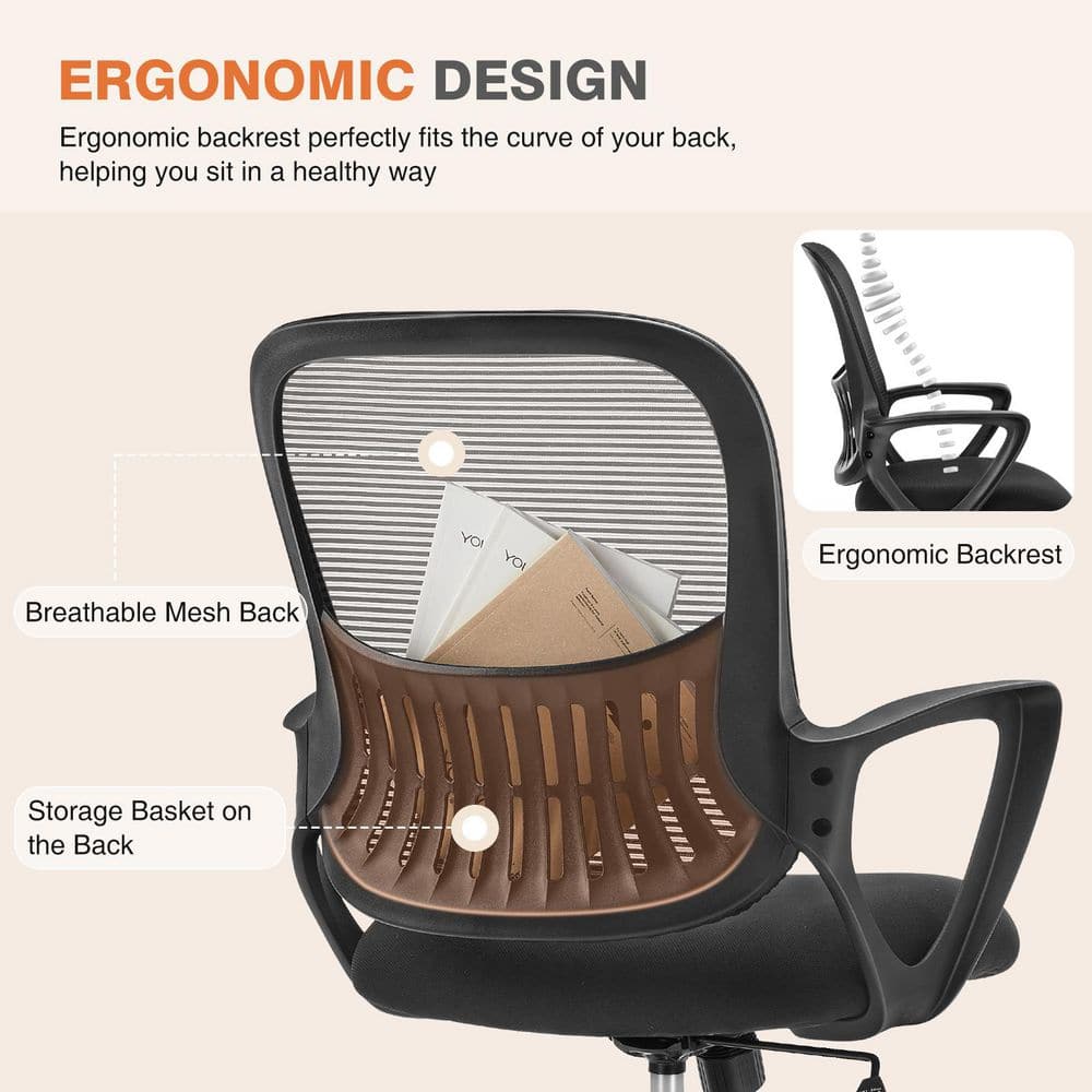 Swivel Office Chair and Mesh Foam Ergonomic Gaming Chair in Black with Adjustable Foot Ring and Back Storage Basket
