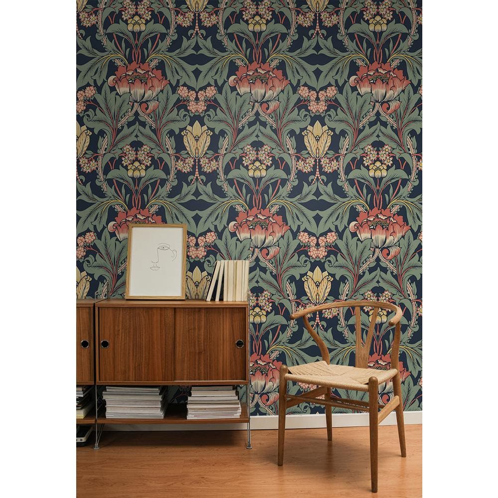 Denim Blue and Auburn Floral Peel and Stick Wallpaper