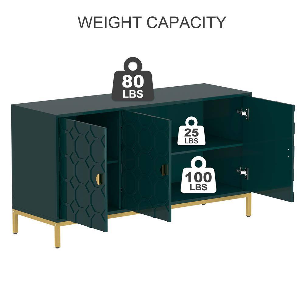 Green Embossed Pattern MDF 3-Door Accent Cabinet with Gold Legs