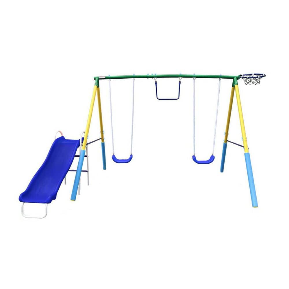 5-in-1 Swing Set with Slide, Basketball Hoop, 2 Swing Seats and Gymnastics Rings for Indoor Outdoor Use price history on PriceWatchPro