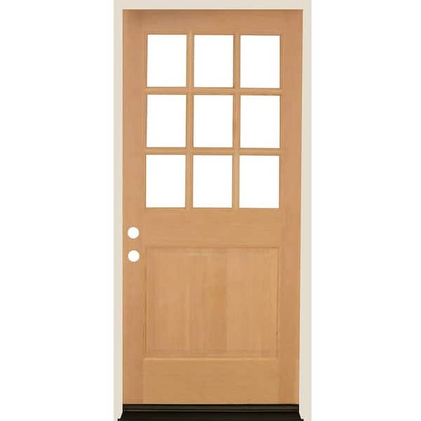 Krosswood Doors 36 in. x 80 in. Farmhouse Beveled 9-Lite Clear Glass Right Hand Unfinished Hemlock Wood Prehung Front Door