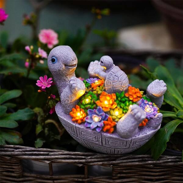 Solar Turtle Figurines Garden Decor, Cute Turtle Statue with Baby