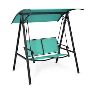 2 Person Black Steel Porch Swing with Adjustable Canopy in Green, Waterproof, Weight capacity 530 lbs.