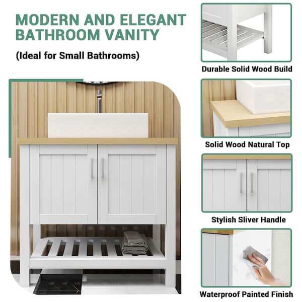 32 in. Freestanding Single Sink White Bath Vanity with Solid Wood Natural Top Requires Assembly