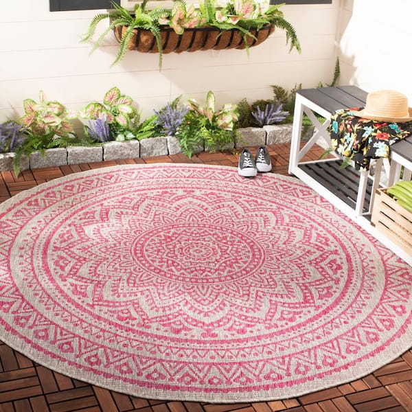Courtyard Light Gray/Fuchsia 8 ft. x 8 ft. Medallion Indoor/Outdoor Round Area Rug