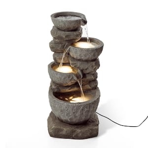 32.28 in. H 4-Tier Outdoor Polyresin Waterfall Fountain with Pump and LED Lights