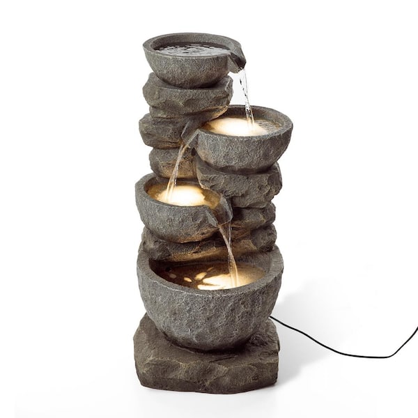 Glitzhome 32.28 in. H 4-Tier Outdoor Polyresin Waterfall Fountain with Pump and LED Lights