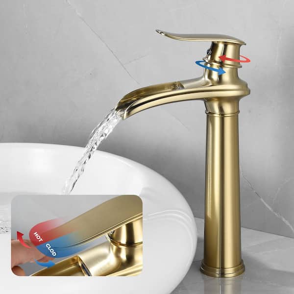 Waterfall Single Hole Single Handle Vessel Sink Faucet with Pop-up Drain in Brushed Gold