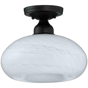 10.8 in. 1-Light Modern Industrial Black Flush Mount Ceiling Light with Opal Fish Scale Glass