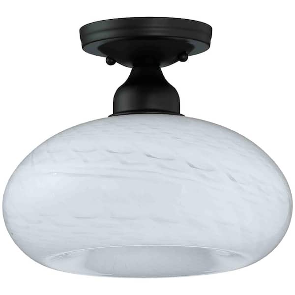 Uixe 10.8 in. 1-Light Modern Industrial Black Flush Mount Ceiling Light with Opal Fish Scale Glass