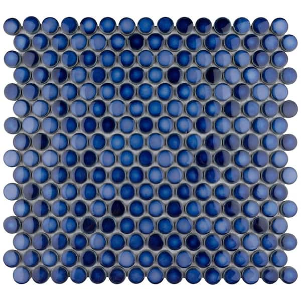 Merola Tile Hudson Penny Round Glossy Sapphire 6 in. x 6 in. Porcelain Mosaic Take Home Tile Sample