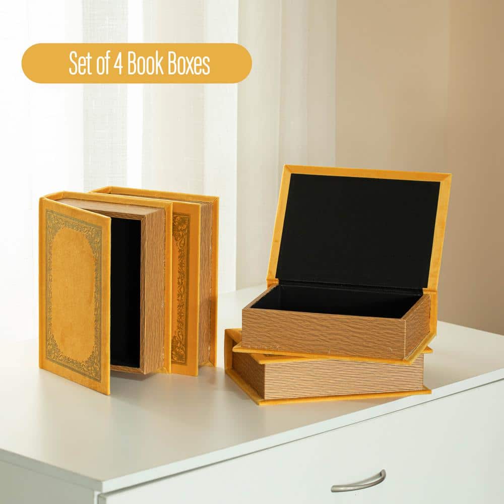 Set of 4 Yellow Vintage Book Shaped Wooden Storage Boxes