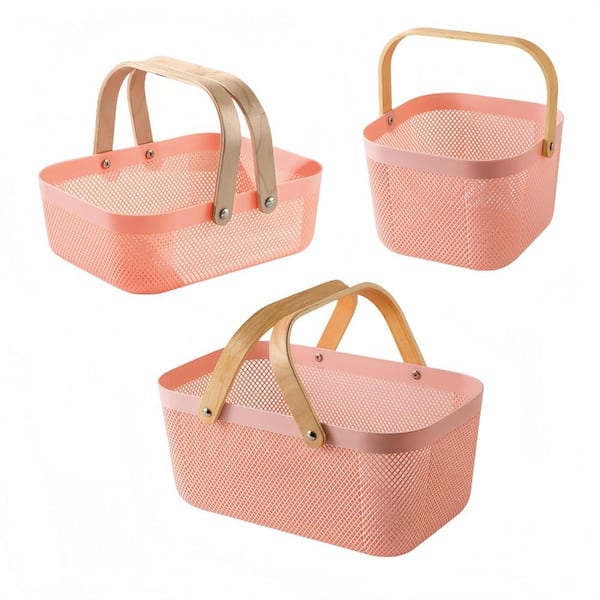 3 Piece Pink Plastic Rectangular Picnic Basket Set with Collapsible Wooden Handles for Outdoor Dining and Storage