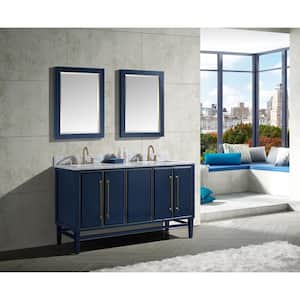 Mason 61 in. W x 22 in. D Bath Vanity in Navy Blue/Gold Trim with Marble Vanity Top in Carrara White with White Basins