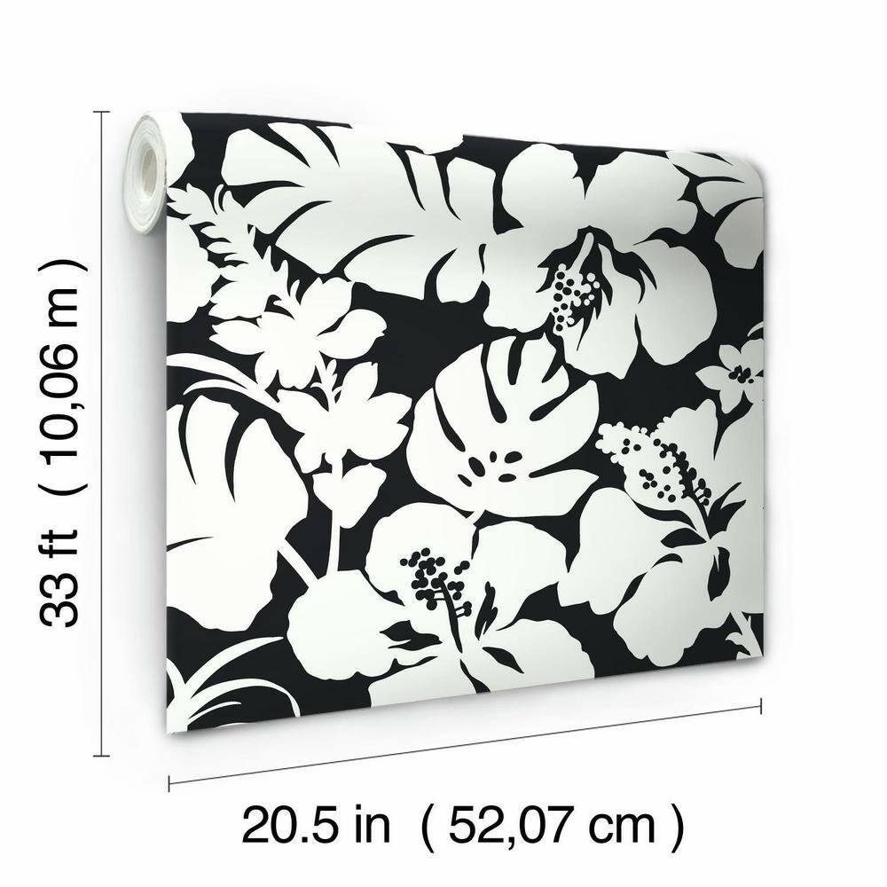 Black and White Vinyl-Coated Tropical Floral Wallpaper