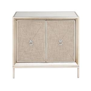 Beige Wood Upholstered Front Panel 1 Shelf and 2 Doors Cabinet with Mirrored Top and Ring Handles