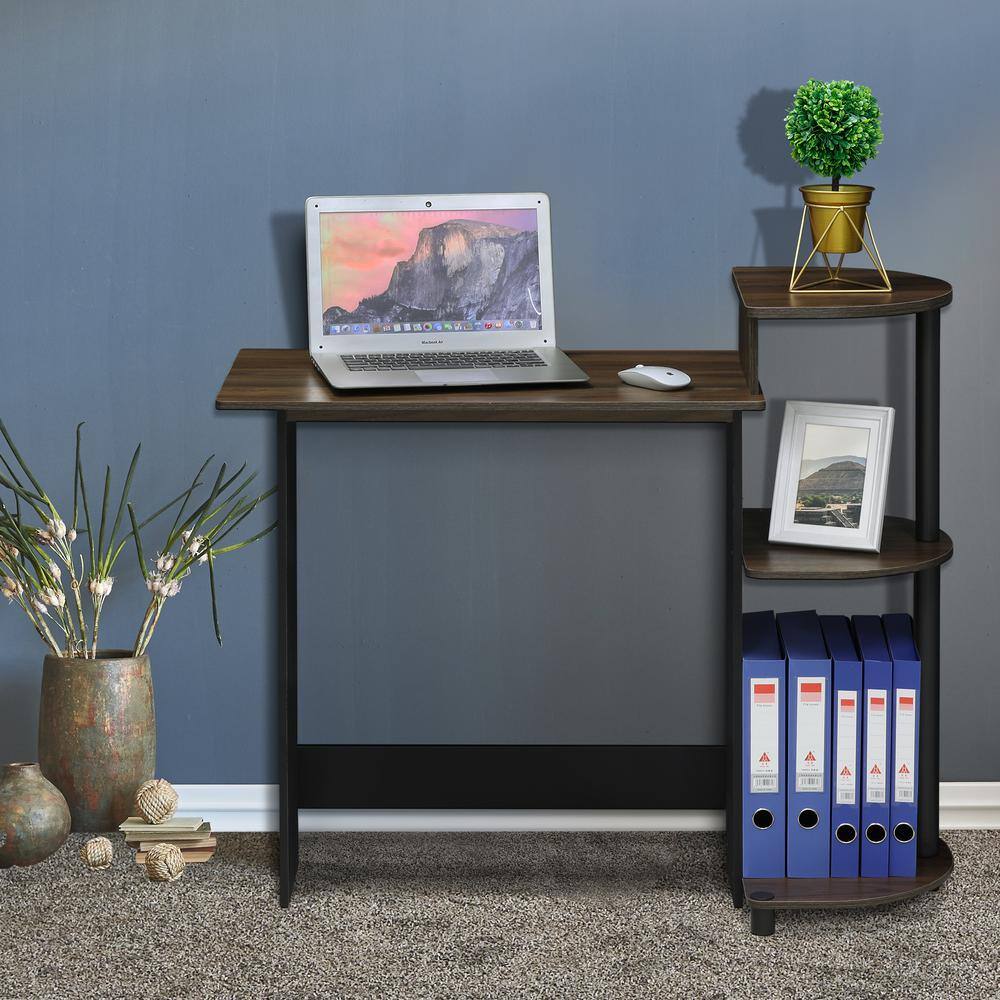 Furinno Walnut Computer Desk with laptop and office supplies
