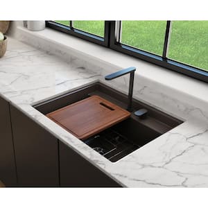 Baveno Uno Matte Brown Fireclay 27 in. Single Bowl Undermount/Drop-In 2-hole Kitchen Sink w/Integrated WS and Acc.