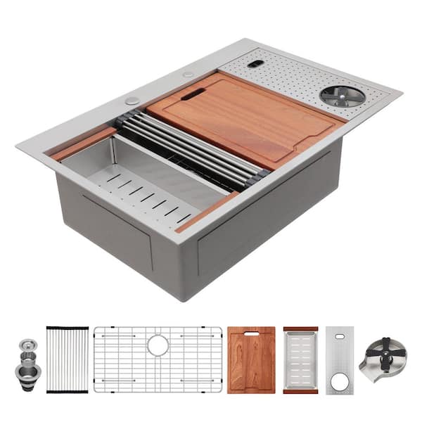 16-Gauge Stainless Steel 33 in. Drop-In Bar Sink Kitchen Sink Single Bowl with Cup Washer in Brushed Nickel
