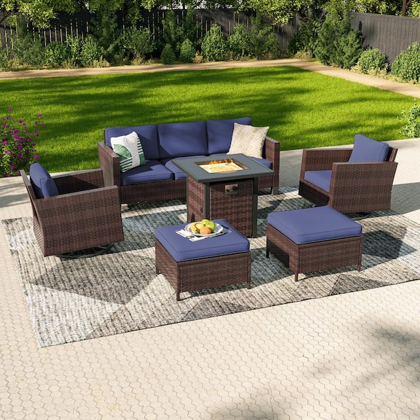 Sonkuki 6-Pieces Patio Conversation Set with Square Fire Pit Table and Swivel Rocking Chairs, Brown Wicker Navy Blue Cushion