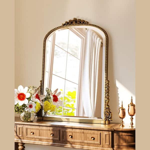 Antique Gold 24 in. W x 32 in. H Carved Arched PU Frame Vanity Wall Mirror