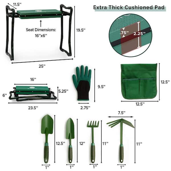 Heavy-Duty Garden Kneeler and Bench, EVA Foam Knee Protectant with Safety Locks, Plus Gardening Gloves, 4 Tools & 2 Bags