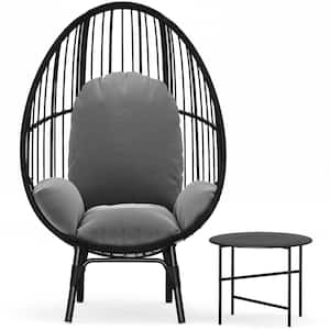 Black PE Wicker Outdoor Garden Egg Chair, Indoor Lounge Chair with Gray Cushion and Side Table