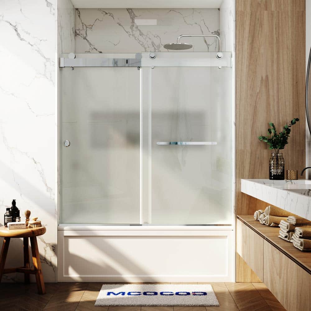 56-60.75 in. W x 66 in. H Double Sliding Frameless Soft Close Tub Door in Chrome with 3/8 in. Frosted Glass price history on PriceWatchPro