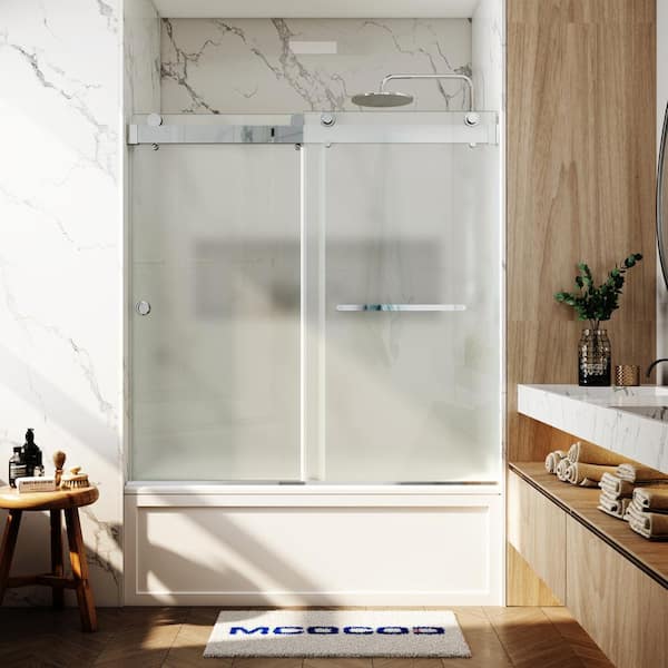 MCOCOD 56-60.75 in. W x 66 in. H Double Sliding Frameless Soft Close Tub Door in Chrome with 3/8 in. Frosted Glass