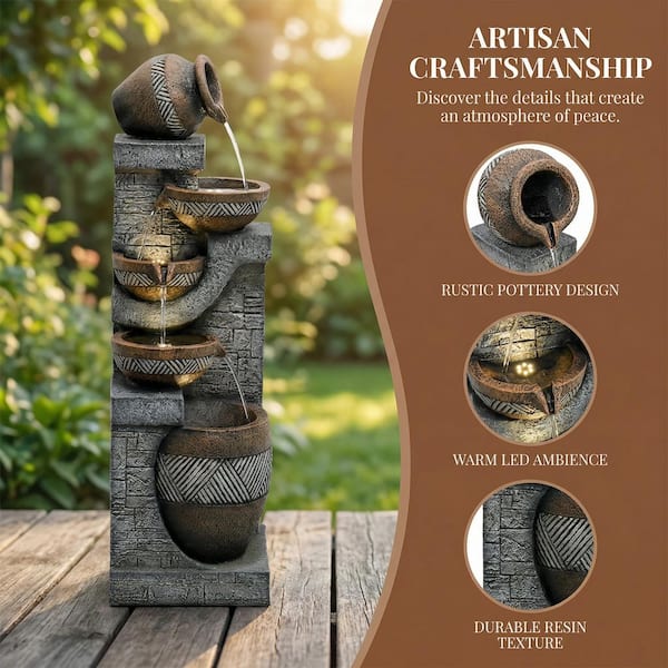 Rustic 42. 5in. H Polyresin 5-Bowl Tiered Fountain with LED Light for Garden, Patio, Deck, Porch, Backyard, Home Decor
