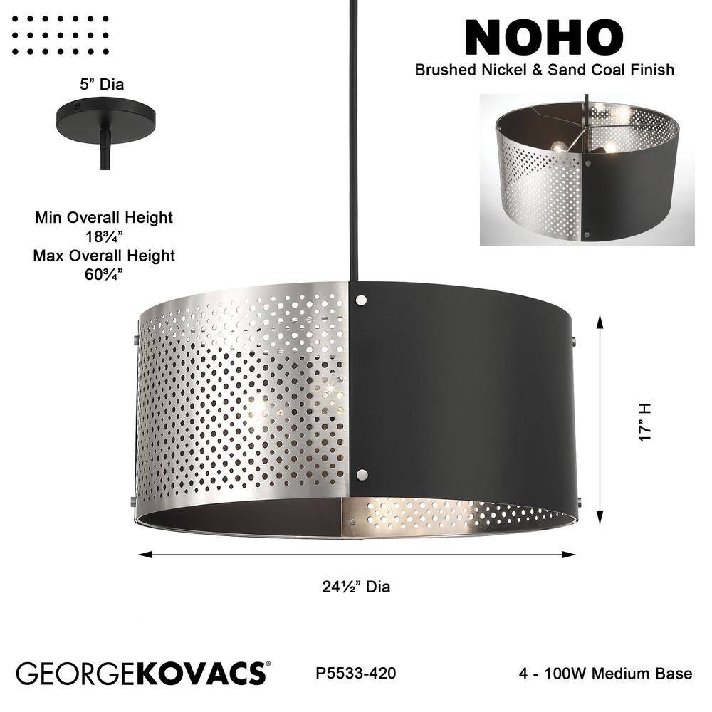 Noho 4-Light Brushed Nickel Drum Pendant with Sand Coal Accents
