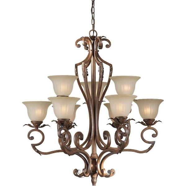 Forte Lighting 9-Light Rustic Sienna Bronze Chandelier with Shaded Umber Glass