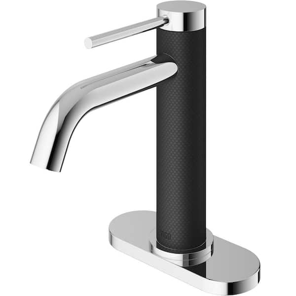 VIGO Madison Single Handle Single-Hole Bathroom Faucet Set with Deck Plate in Chrome and Carbon Fiber