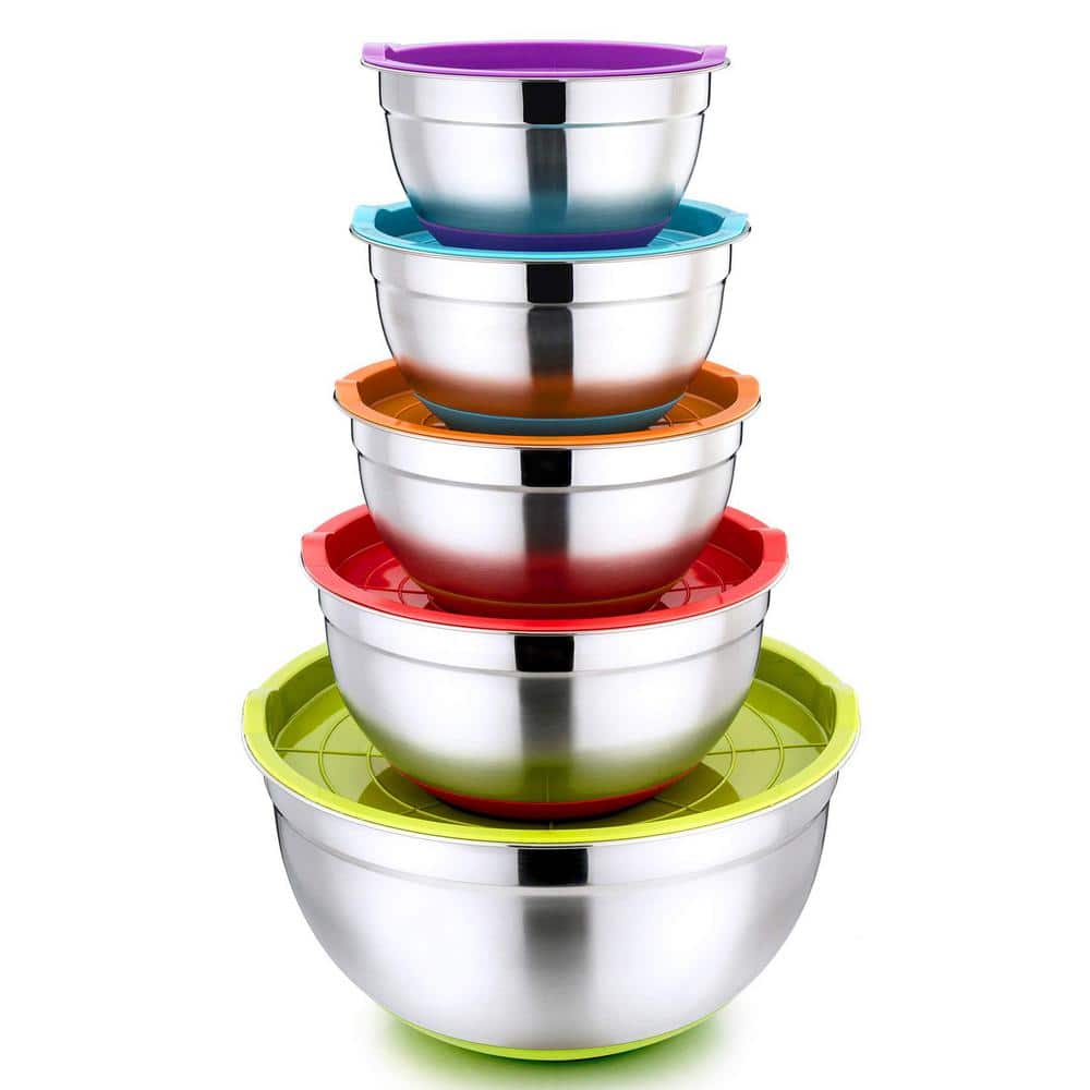 Large Nesting 5-Piece Stainless Steel Multicolor Mixing Bowls with Non-Slip