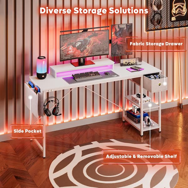 61 in. Rectangular Reversible White Carbon Fiber Computer Desk with Storage Drawer and LED Monitor Stand