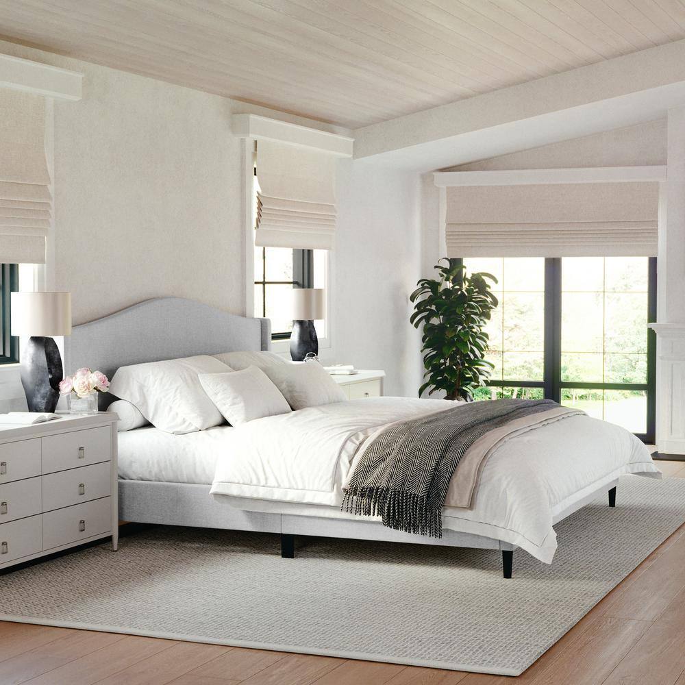 King Gray Linen Upholstered Platform Bed with Curved Headboard