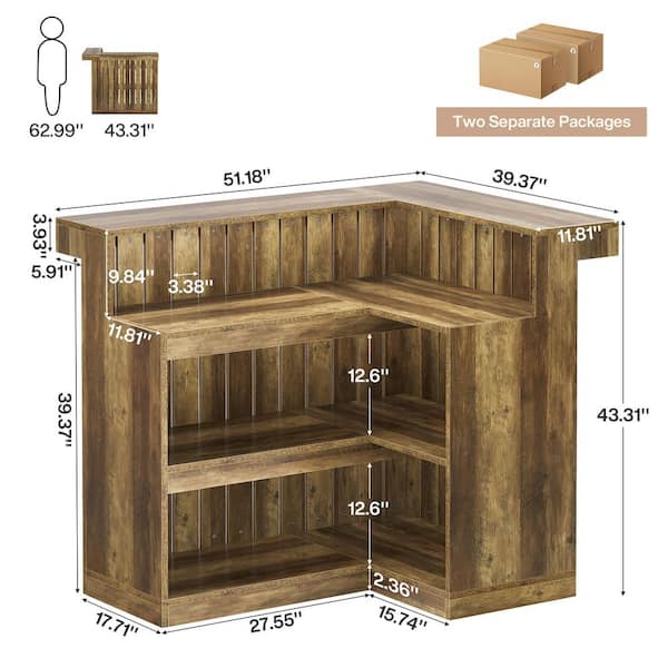 BYBLIGHT Kearsten L-shaped Bar Table with 3 Muti-Bottle Shelves