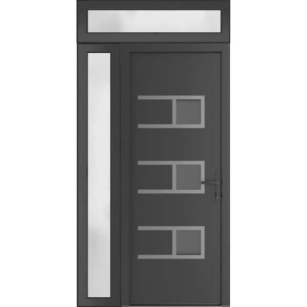 VDOMDOORS 46 in. x 94 in. Left-hand/Inswing Frosted Glass Antracite Grey Steel Prehung Front Door with Hardware