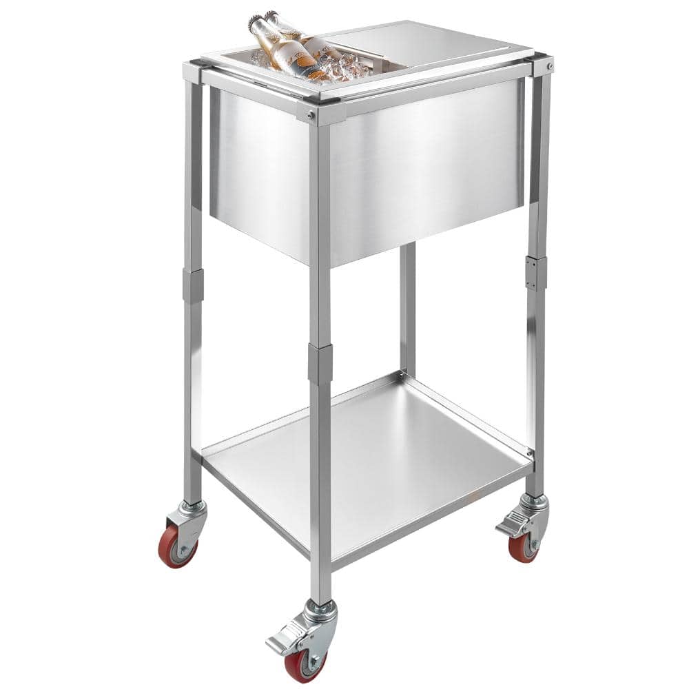 Rolling Ice Chest Cooler 20 x 14 x 38 in., 29.6 qt. Stainless Steel Beverage Cart with Sliding Lid and Shelf