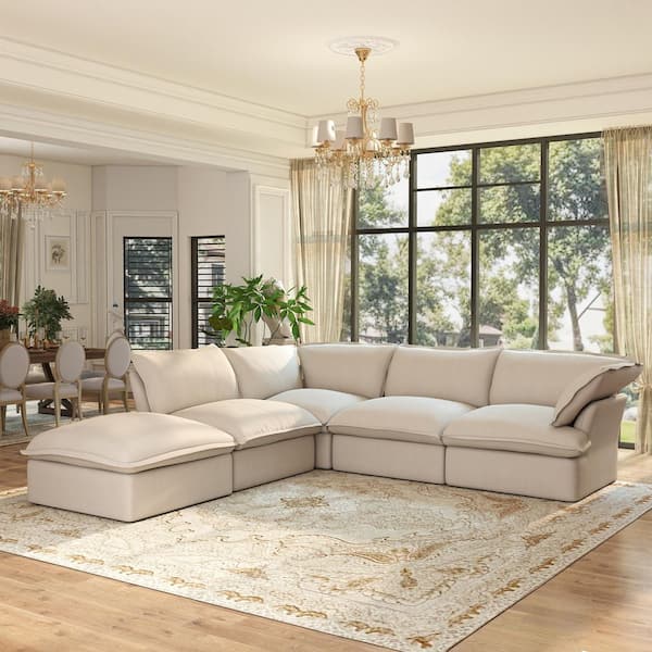 Magic Home 163 in. Flared Arm Oversized Down Filled Linen L-Shaped Modular Cloud Sofa with Ottoman in. Beige