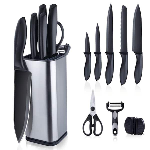 10-Piece High Carbon Stainless Steel Professional Kitchen Knife Set with Knife Block and Sharpener for Cooking, Slicing