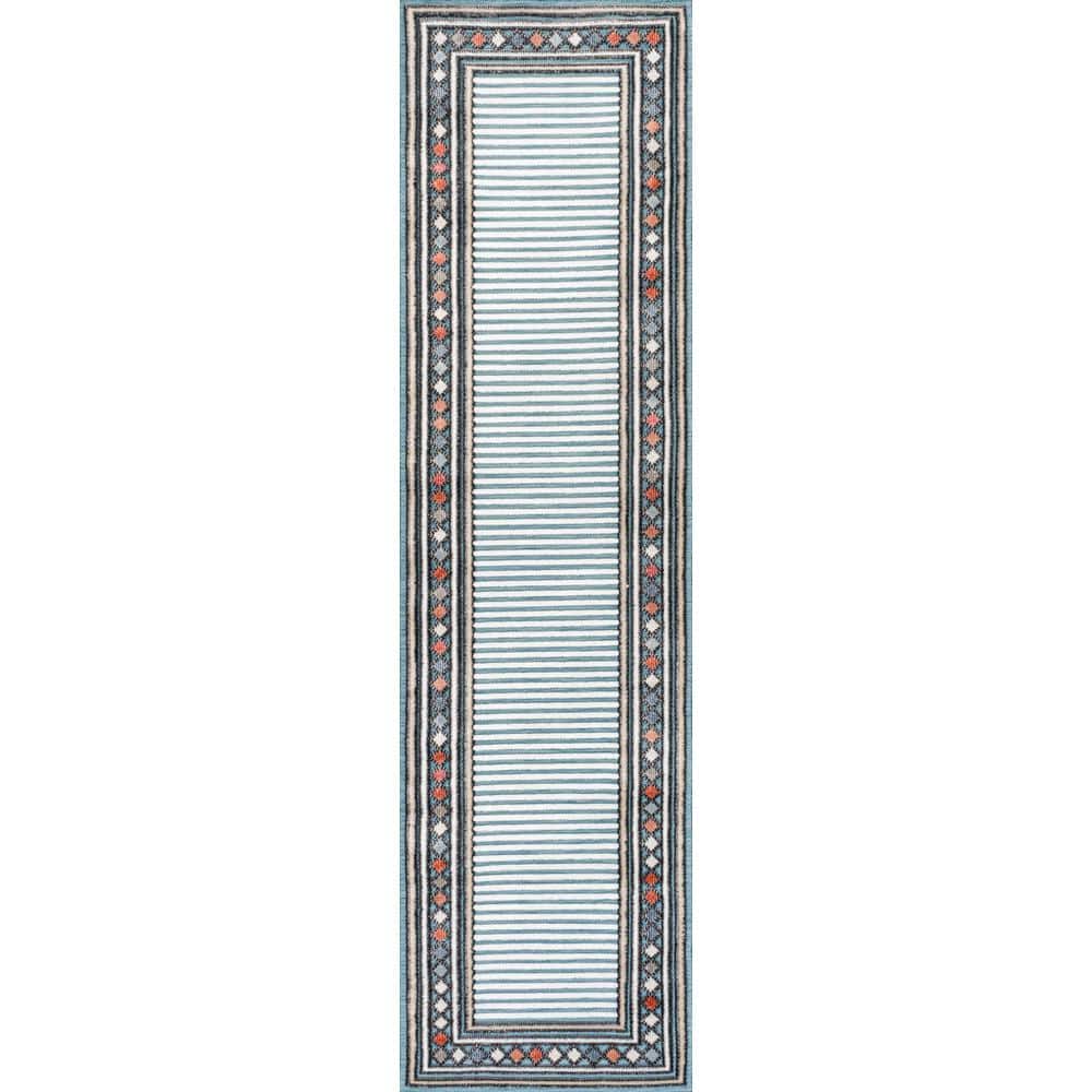 Blue/Ivory Geometric Diamond Border 5.6' Easy-Care Area Rug