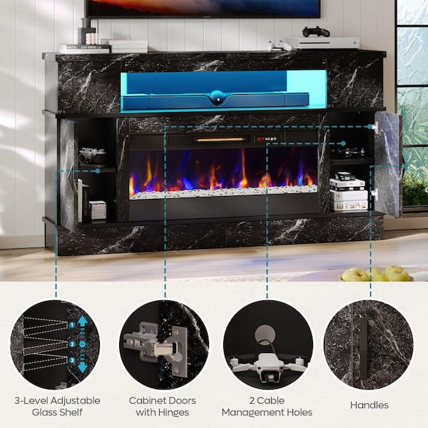Bestier 63 in. Black Marble TV Stand with Electric Fireplace Fits